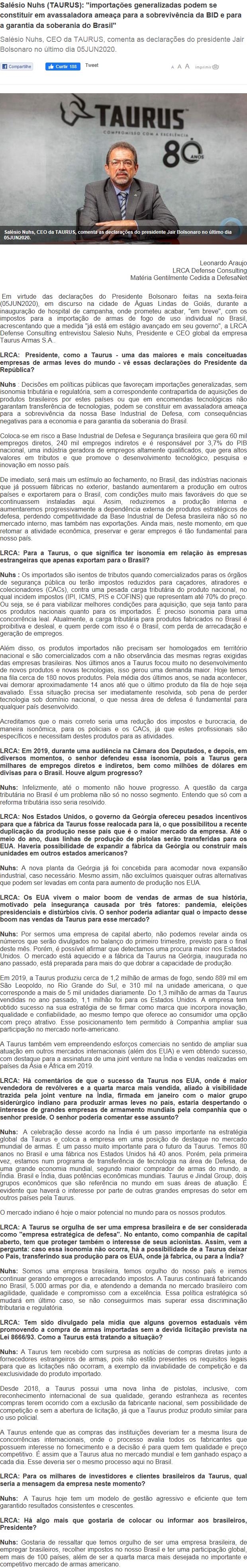 SALESIO NUHS (TAURUS): ''IMPORTAçõES GENERALIZADAS PODEM SE CONSTITUIR EM AVASSALADORA AMEAçA PARA A SOBREVIVêNCIA DA BID