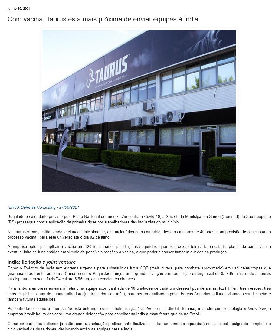 COM VACINA, TAURUS ESTá MAIS PRóXIMA DE ENVIAR EQUIPES à ÍNDIA