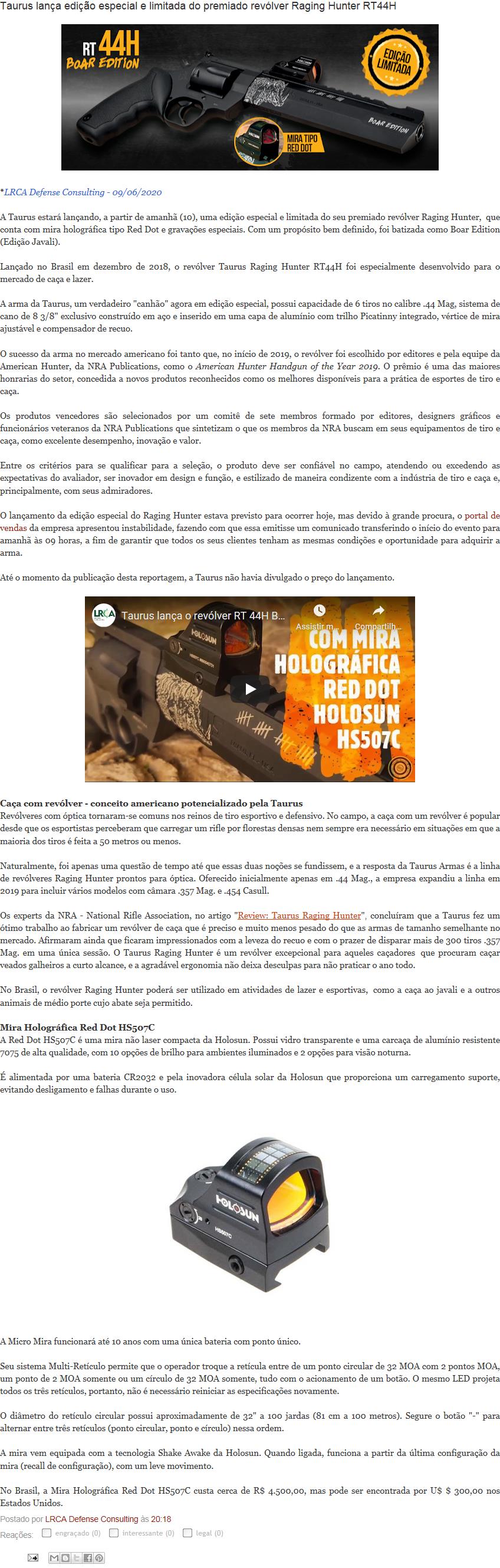 TAURUS LANçA EDIçãO ESPECIAL E LIMITADA DO PREMIADO REVóLVER RAGING HUNTER RT44H