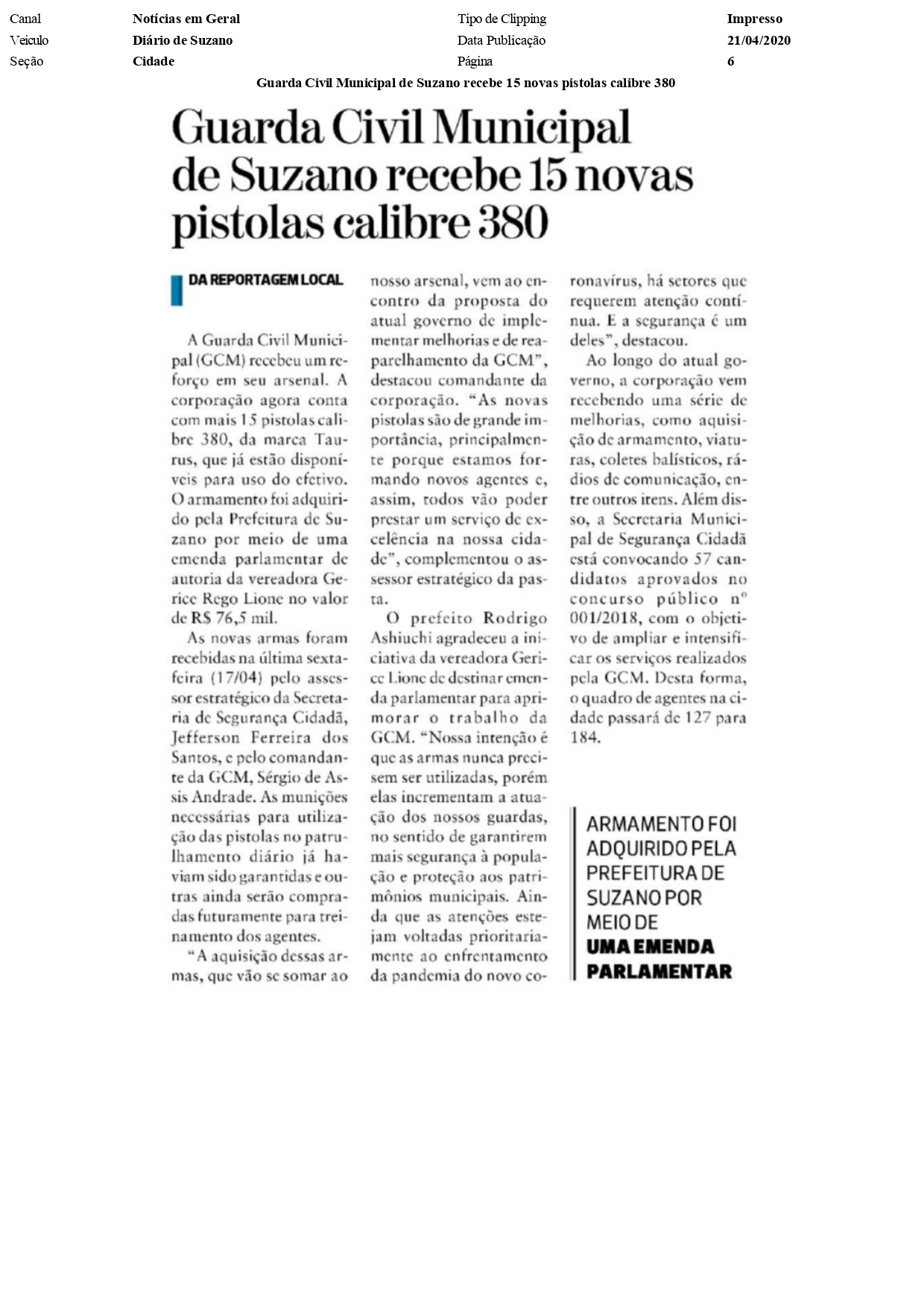 GUARDA CIVIL MUNICIPAL DE SUZANO RECEBE 15 NOVAS PISTOLAS CALIBRE 380