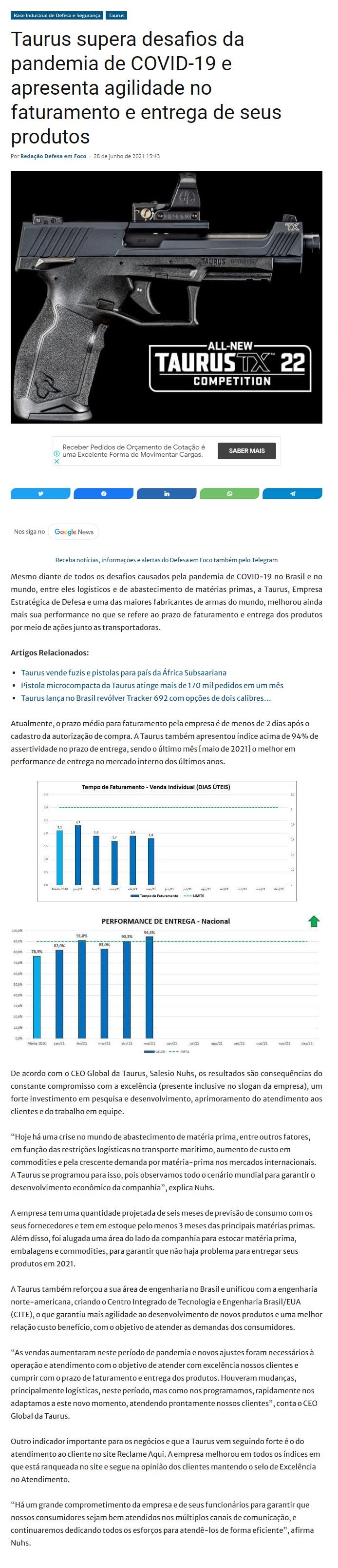 TAURUS SUPERA DESAFIOS DA PANDEMIA DE COVID-19 E APRESENTA AGILIDADE NO FATURAMENTO E ENTREGA DE SEUS PRODUTOS