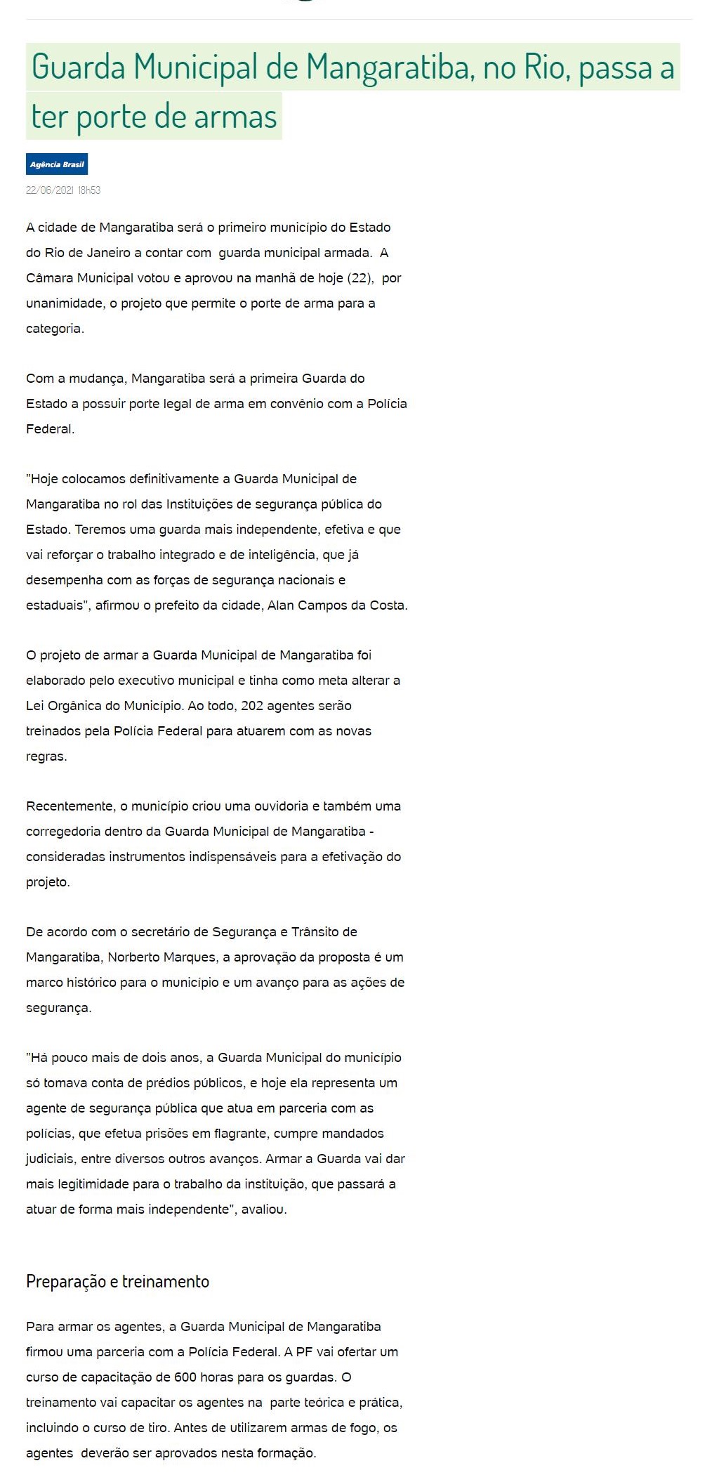 GUARDA MUNICIPAL DE MANGARATIBA, NO RIO, PASSA A TER PORTE DE ARMAS