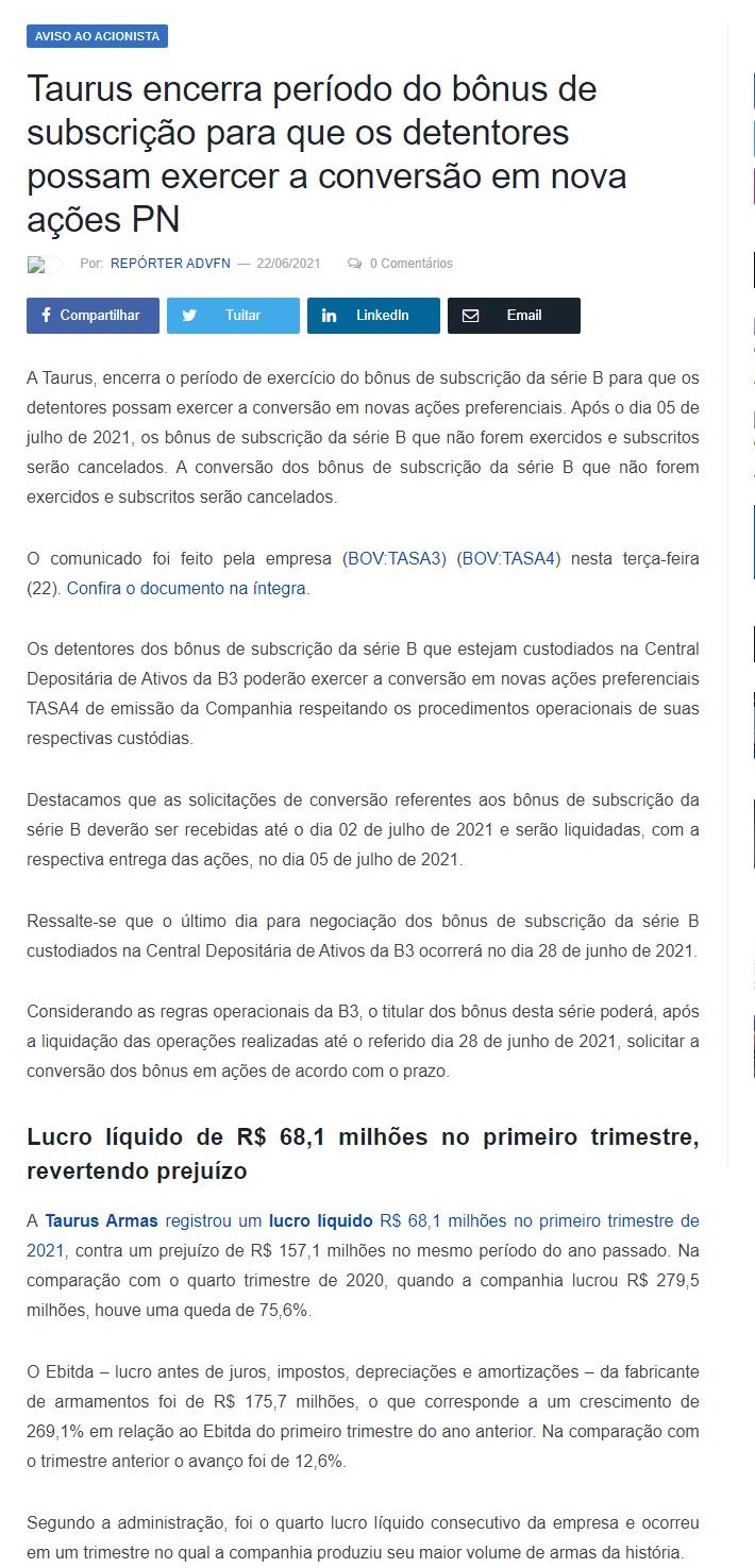 TAURUS ENCERRA PERíODO DO BôNUS DE SUBSCRIçãO PARA QUE OS DETENTORES POSSAM EXERCER A CONVERSãO EM NOVA AçõES PN