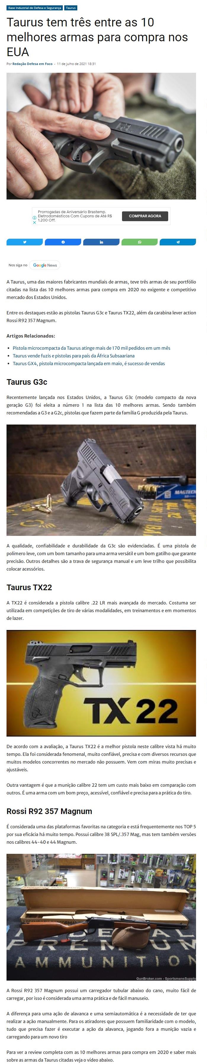 TAURUS TEM TRêS ENTRE AS 10 MELHORES ARMAS PARA COMPRA NOS EUA