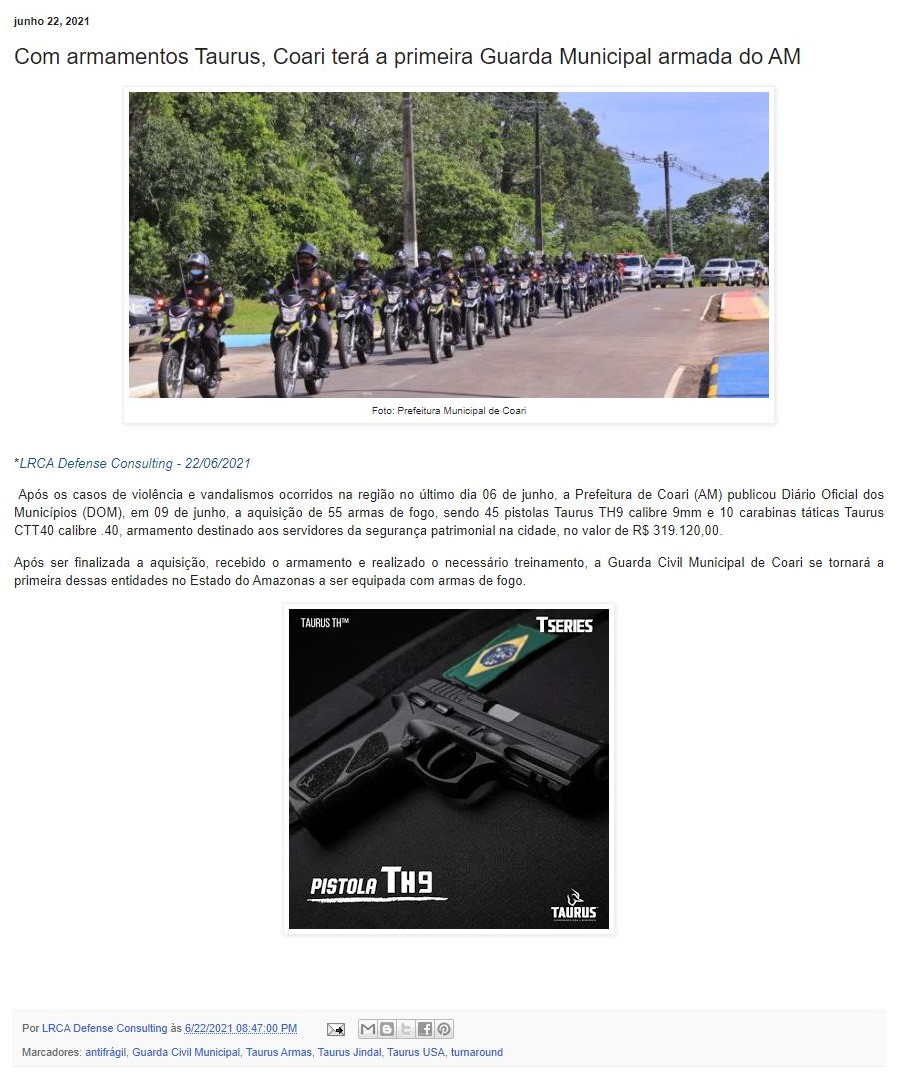 COM ARMAMENTOS TAURUS, COARI TERá A PRIMEIRA GUARDA MUNICIPAL ARMADA DO AM