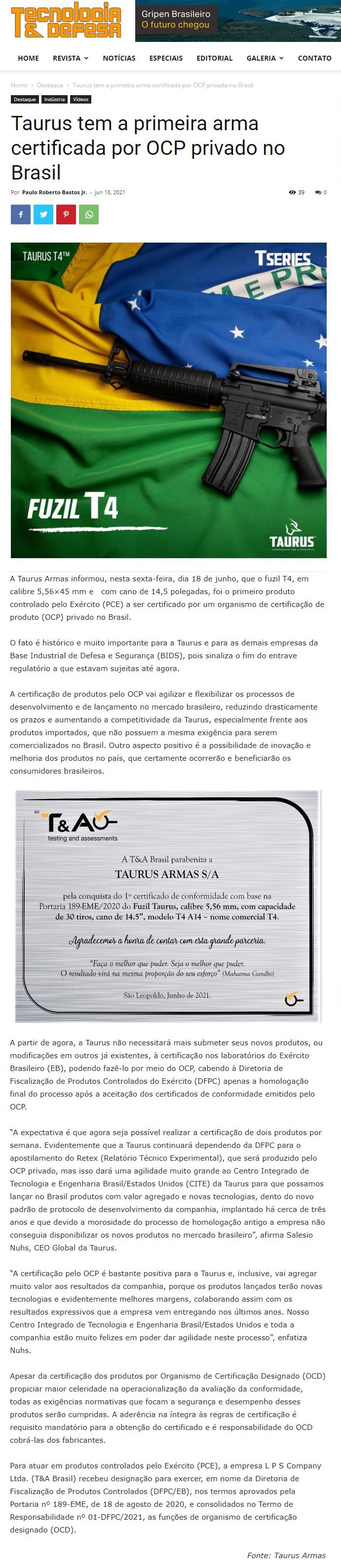 TAURUS TEM A PRIMEIRA ARMA CERTIFICADA POR OCP PRIVADO NO BRASIL