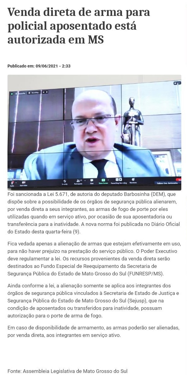 VENDA DIRETA DE ARMA PARA POLICIAL APOSENTADO ESTá AUTORIZADA EM MS