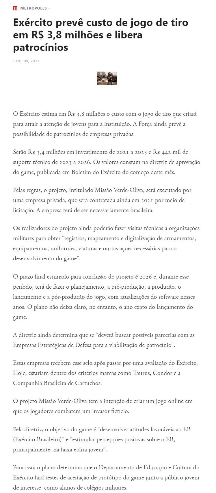 EXéRCITO PREVê CUSTO DE JOGO DE TIRO EM R$ 3,8 MILHõES E LIBERA PATROCíNIOS