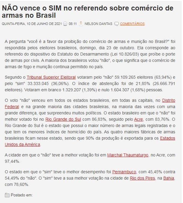 NÃO VENCE O SIM NO REFERENDO SOBRE COMéRCIO DE ARMAS NO BRASIL
