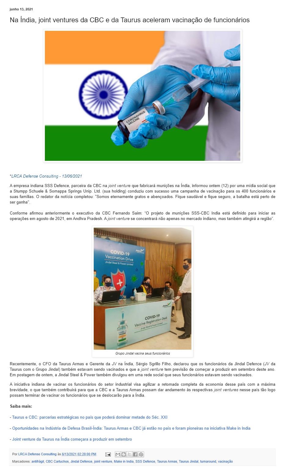NA ÍNDIA, JOINT VENTURES DA CBC E DA TAURUS ACELERAM VACINAçãO DE FUNCIONáRIOS