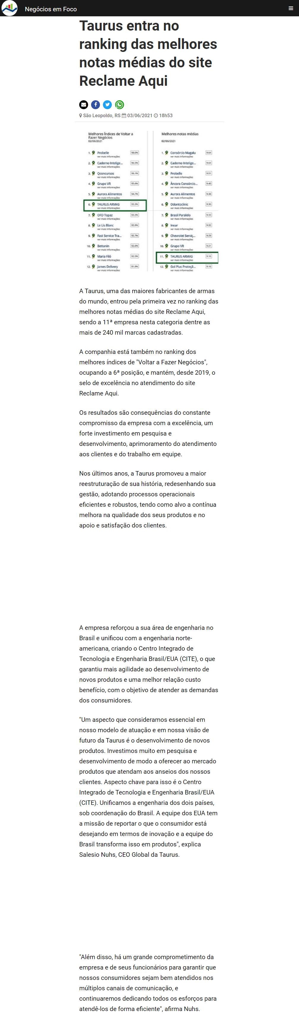 TAURUS ENTRA NO RANKING DAS MELHORES NOTAS MéDIAS DO SITE RECLAME AQUI