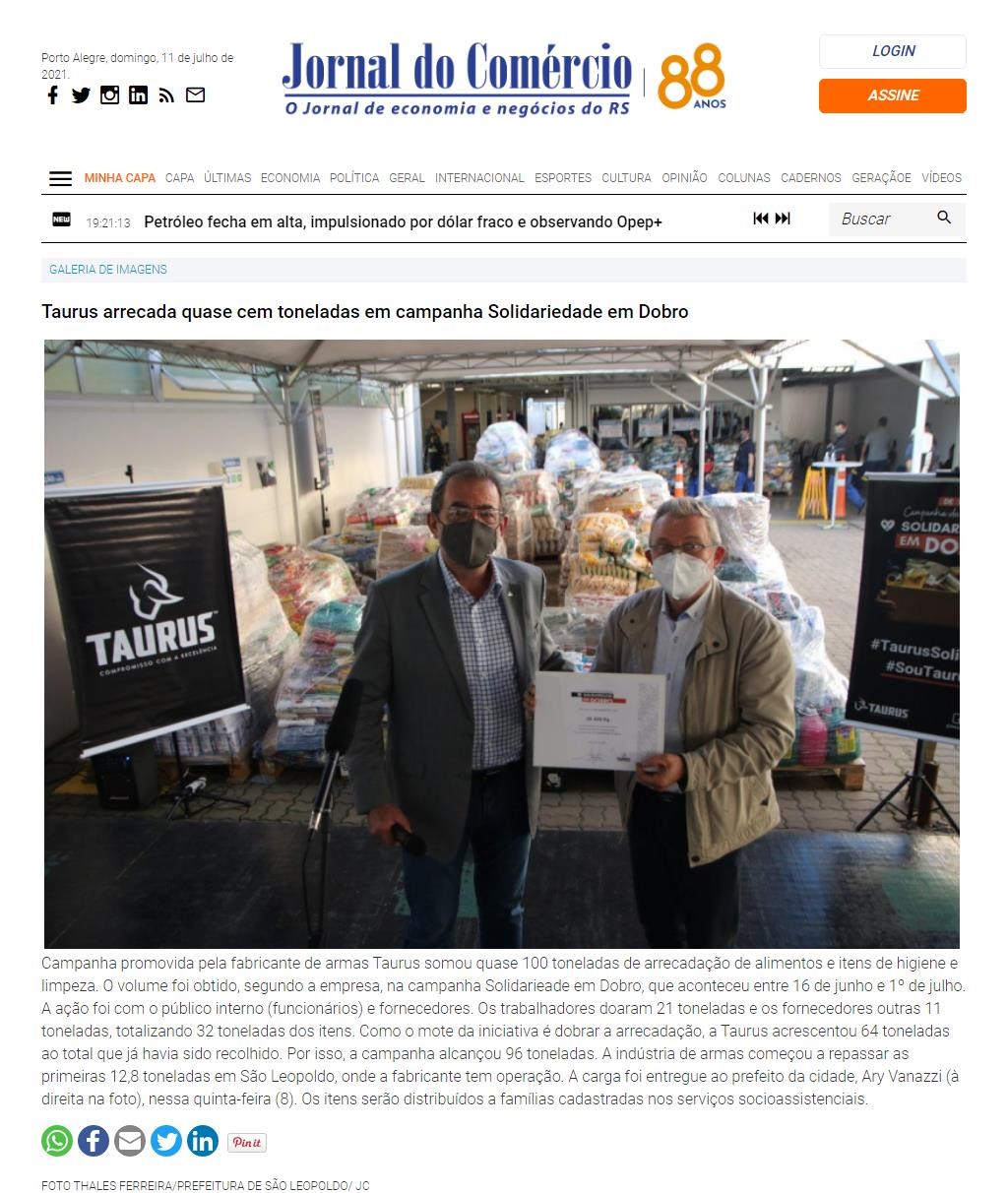 TAURUS ARRECADA QUASE CEM TONELADAS EM CAMPANHA SOLIDARIEDADE EM DOBRO