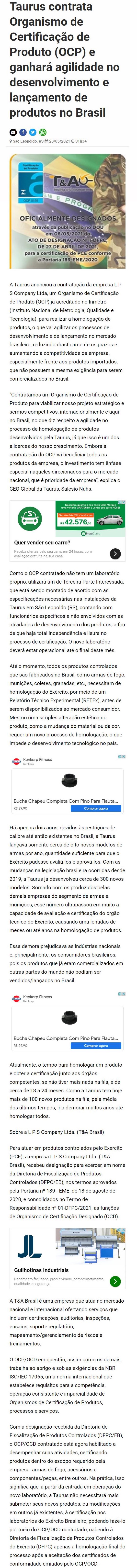 TAURUS CONTRATA ORGANISMO DE CERTIFICAçãO DE PRODUTO (OCP) E GANHARá AGILIDADE NO DESENVOLVIMENTO E LANçAMENTO DE PRODUTOS NO BRASIL