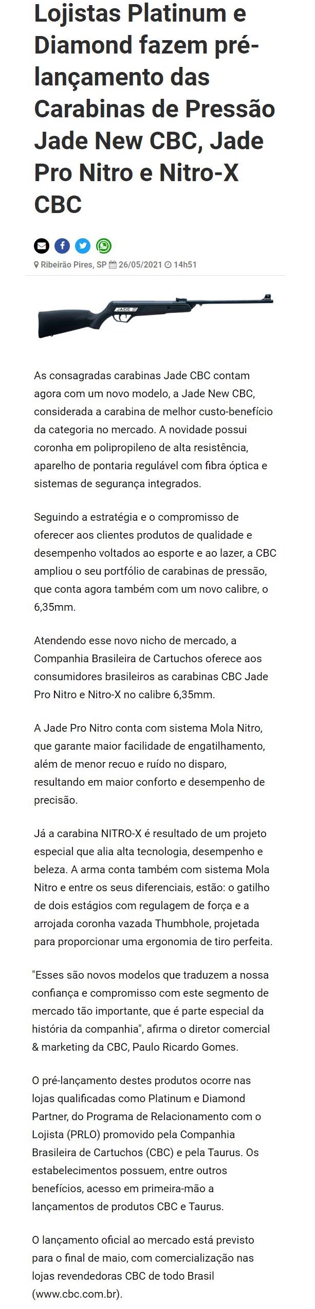 LOJISTAS PLATINUM E DIAMOND FAZEM PRé-LANçAMENTO DAS CARABINAS DE PRESSãO JADE NEW CBC, JADE PRO NITRO E NITRO-X CBC