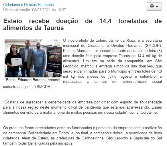 ESTEIO RECEBE DOAçãO DE 14,4 TONELADAS DE ALIMENTOS DA TAURUS