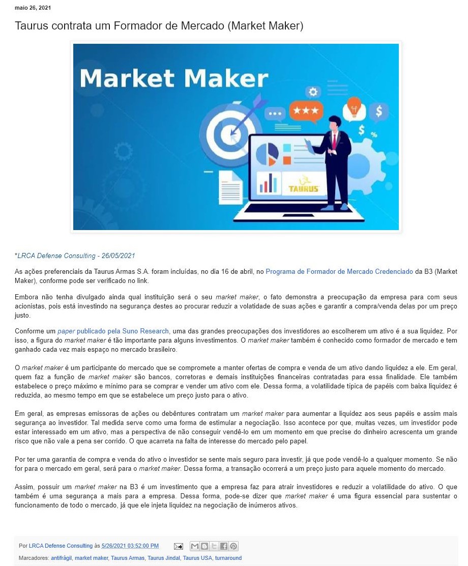 TAURUS CONTRATA UM FORMADOR DE MERCADO (MARKET MAKER)