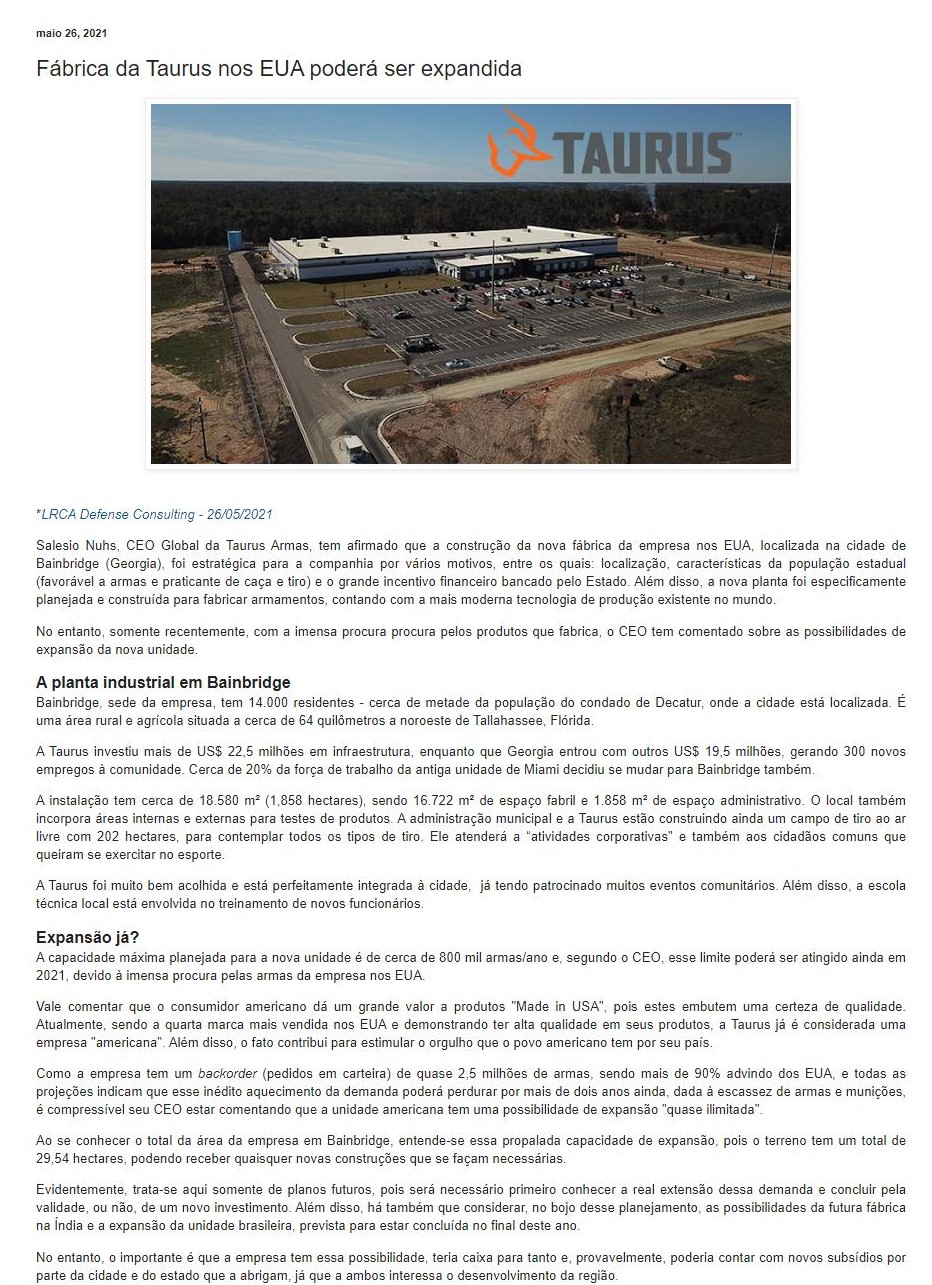 FáBRICA DA TAURUS NOS EUA PODERá SER EXPANDIDA
