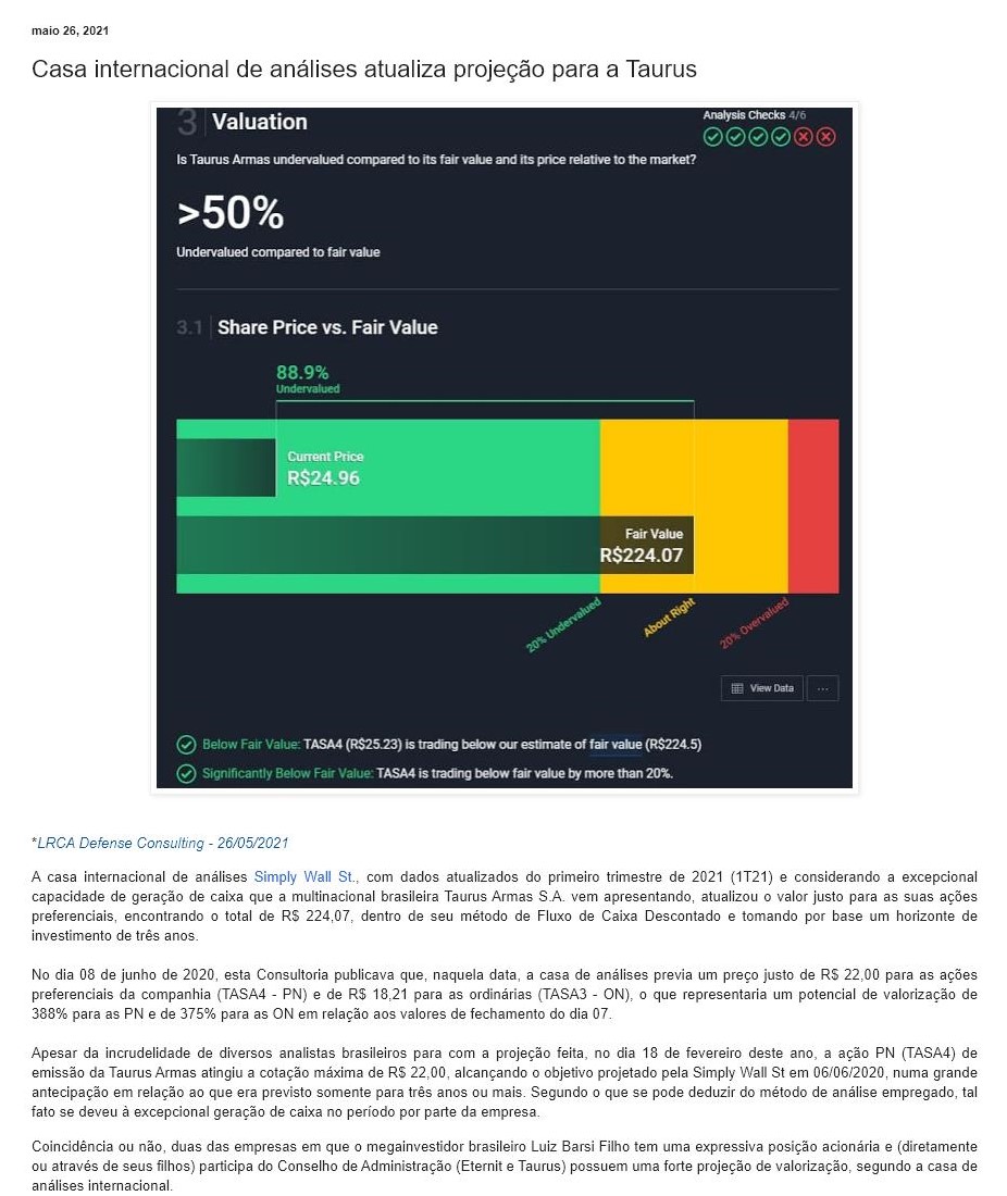 CASA INTERNACIONAL DE ANáLISES ATUALIZA PROJEçãO PARA A TAURUS