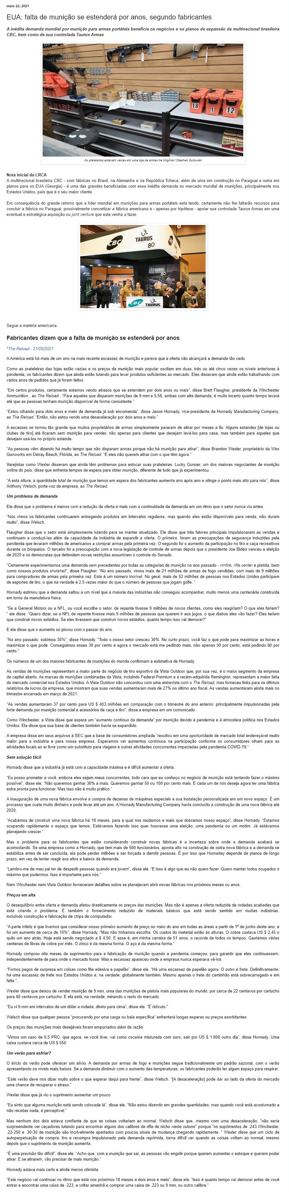 EUA: FALTA DE MUNIçãO SE ESTENDERá POR ANOS, SEGUNDO FABRICANTES