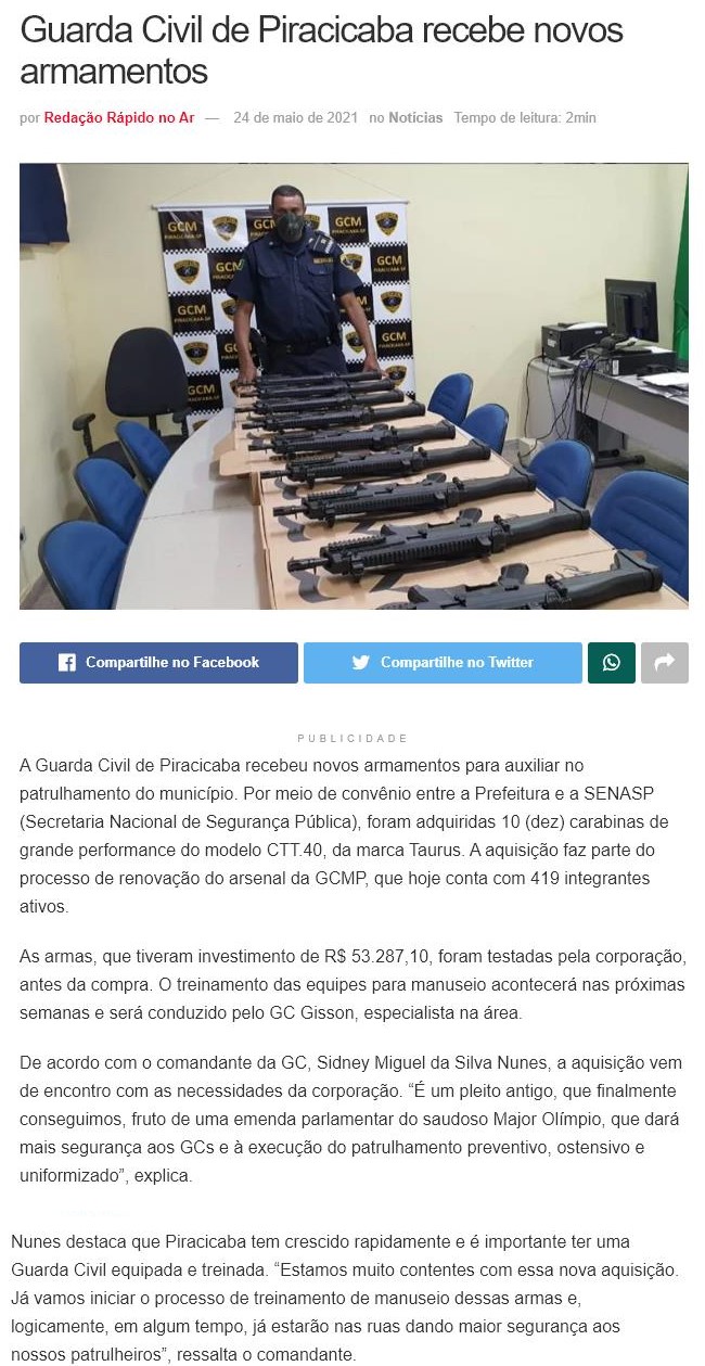 GUARDA CIVIL DE PIRACICABA RECEBE NOVOS ARMAMENTOS